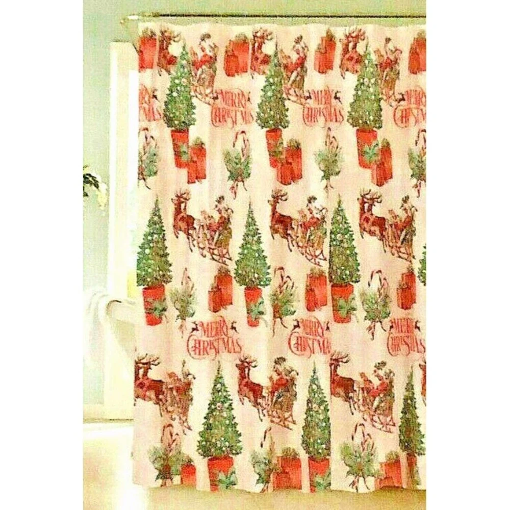 Merry Christmas Fabric Shower Curtain with Hooks 72x70 Santa Reindeer Holiday